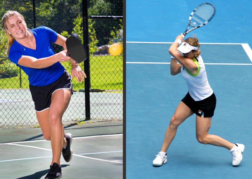 A woman playing pickleball compared with a woman playing tennis